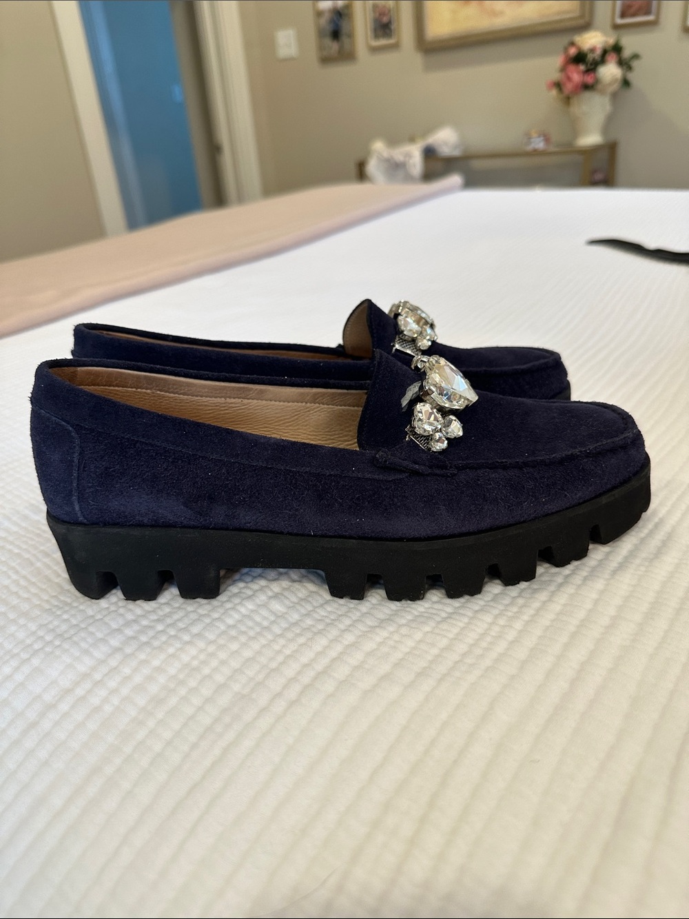 Domino Italian Navy Suede Jeweled Loafers - Women's